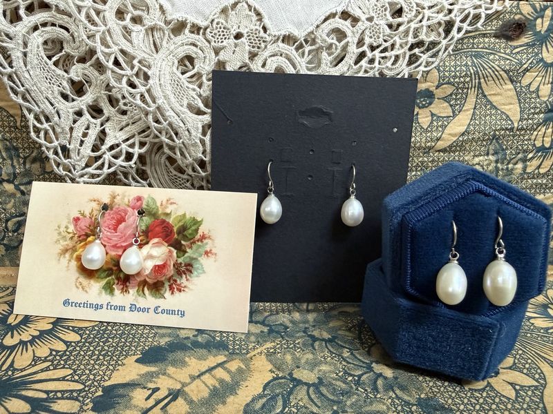 Greetings from Door County Pearl Earrings on Card