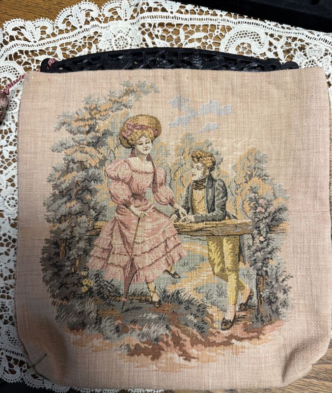 Antique French Tapestry Ebeny Wood Handbag Purse