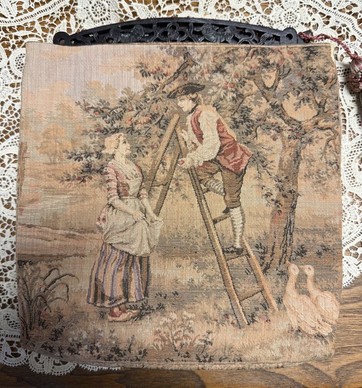Antique French Tapestry Ebeny Wood Handbag Purse