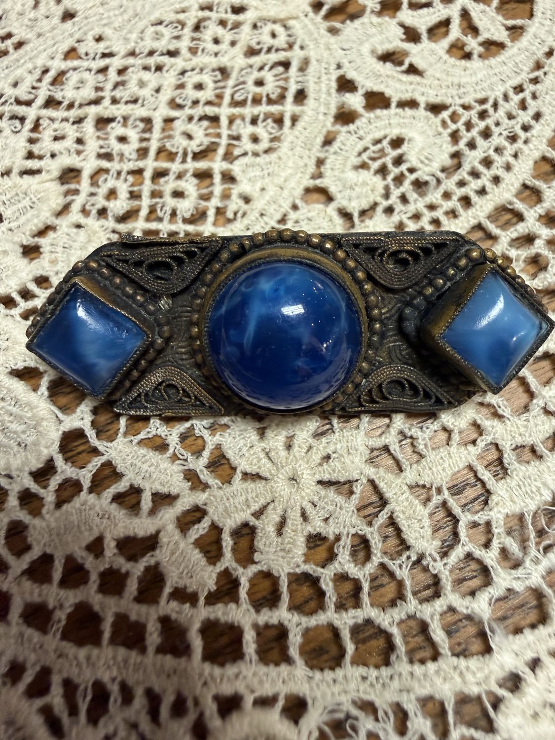Victorian C-Clasp Metal Coil Work and Satin Glass Cabochons