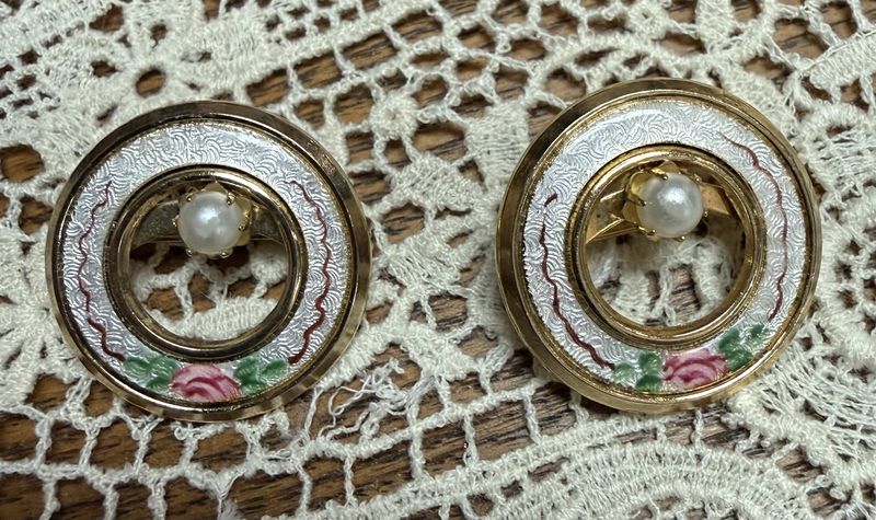 Pair Guilloche Rose w/ Faux Pearl Scatter Pin Brooches