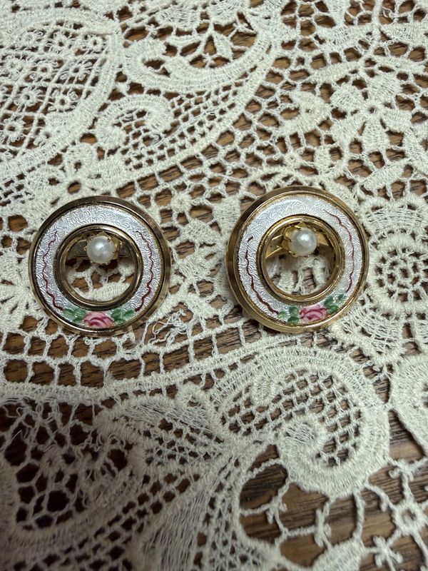Pair Guilloche Rose w/ Faux Pearl Scatter Pin Brooches