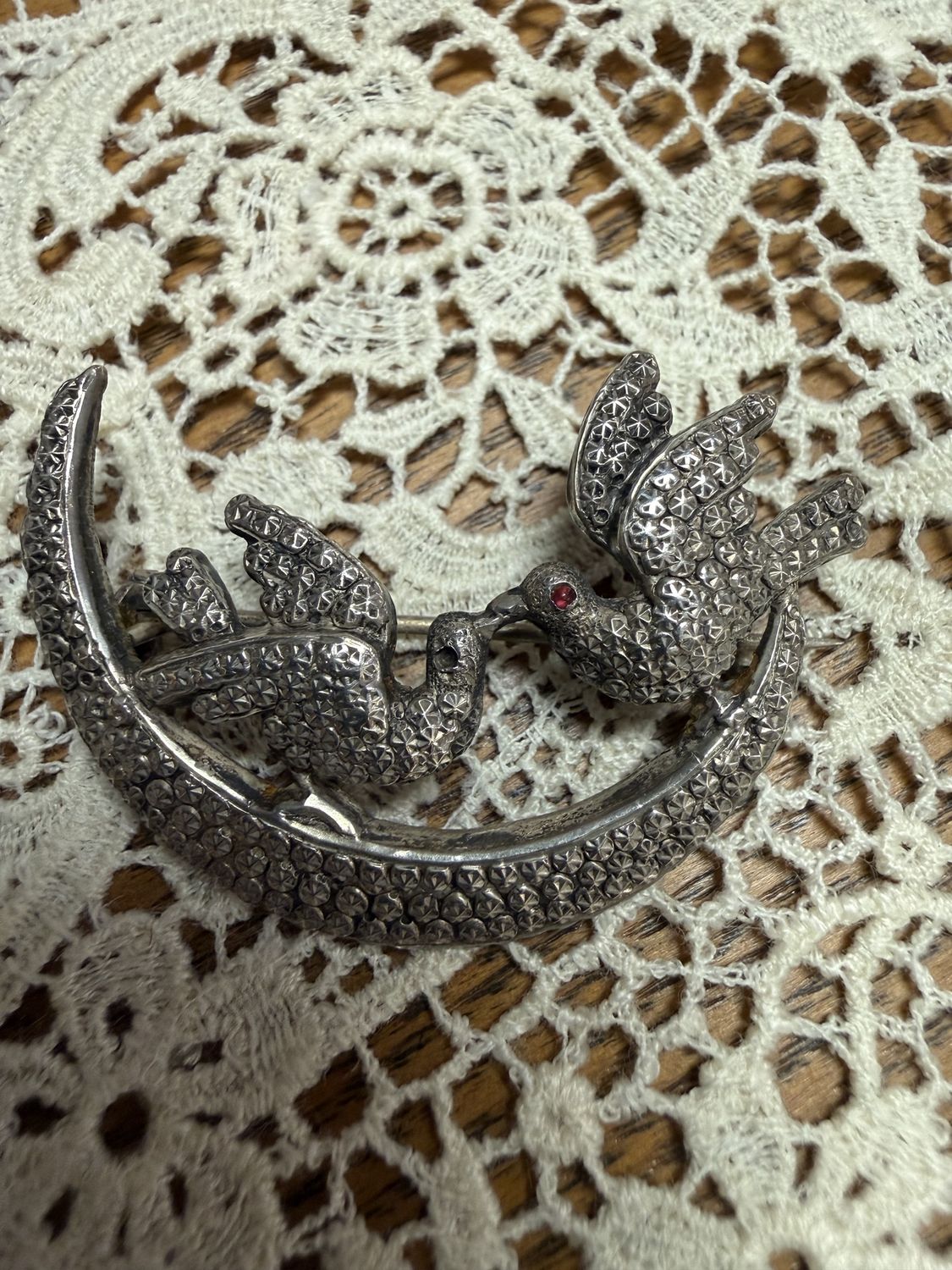 Victorian Sterling Love Birds on a Moon Brooch C-Clasp