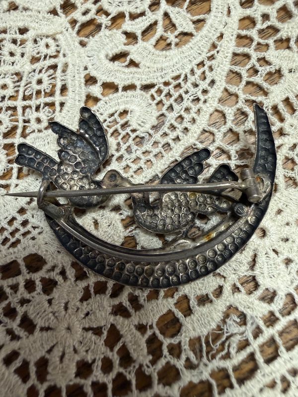 Victorian Sterling Love Birds on a Moon Brooch C-Clasp
