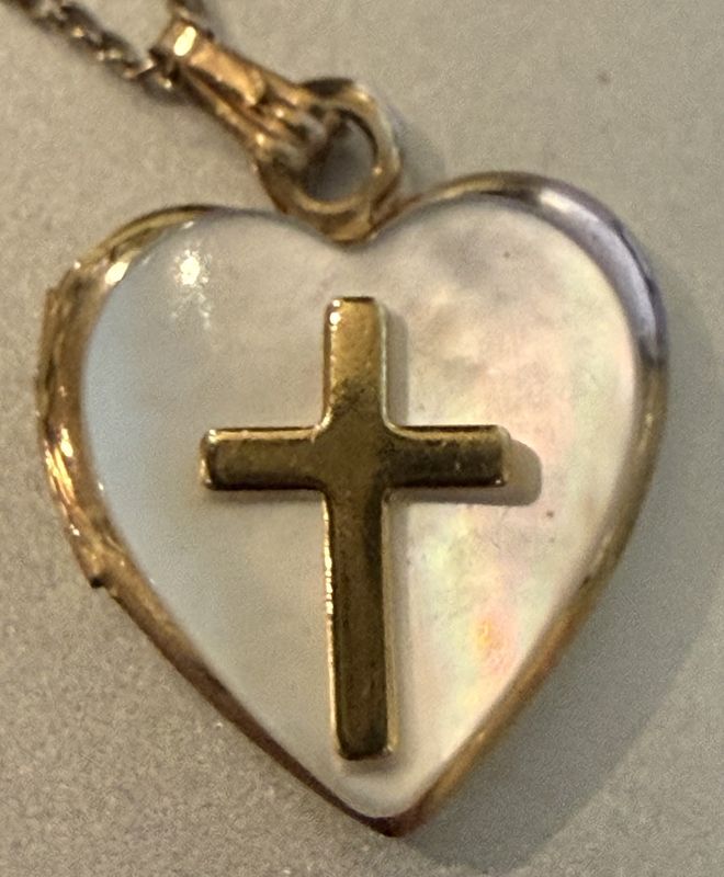 Gold Filled Mother of Pearl Cross Heart Locket on GF Chain