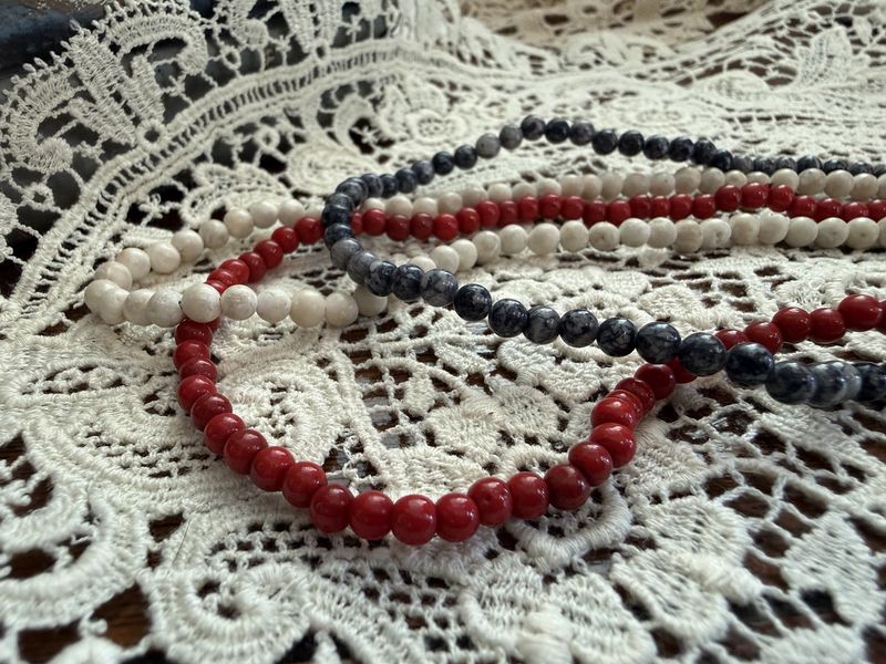 Triple Strands Of Red, White, and Blue, Natural Stone Bead Necklace