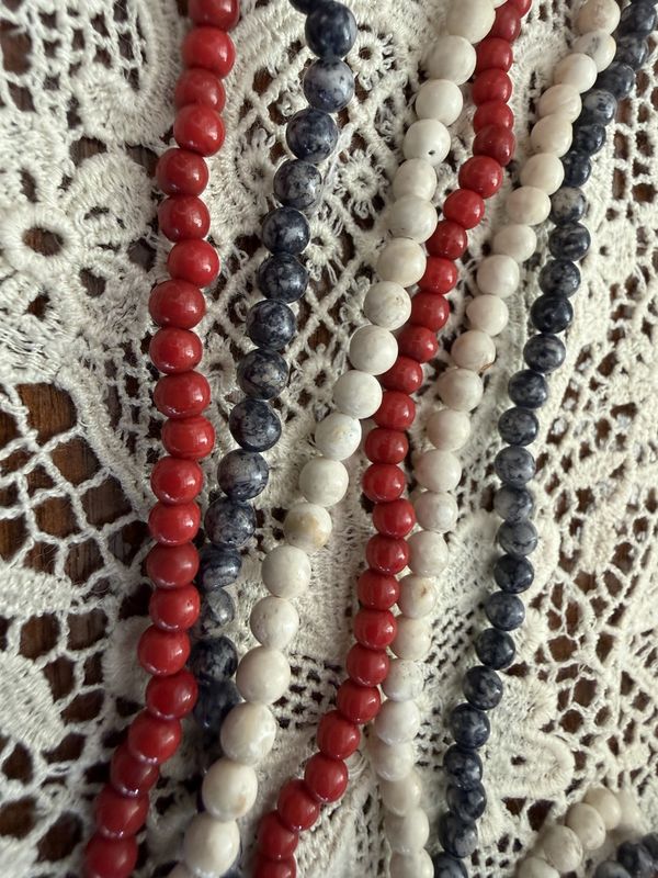 Triple Strands Of Red, White, and Blue, Natural Stone Bead Necklace