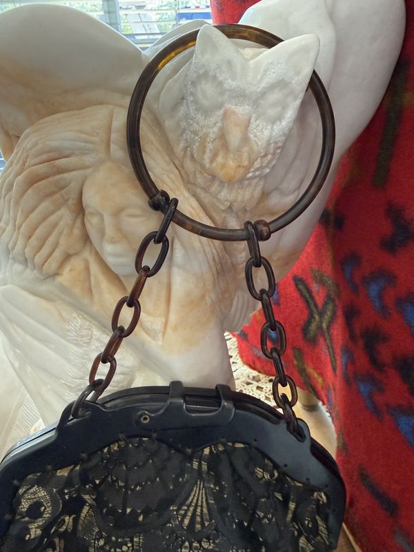 Antique Victorian Fabric Purse Bag Celluloid Frame and Tassle