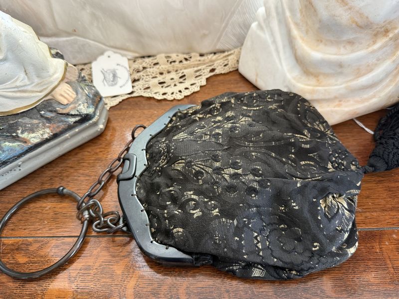 Antique Victorian Fabric Purse Bag Celluloid Frame and Tassle