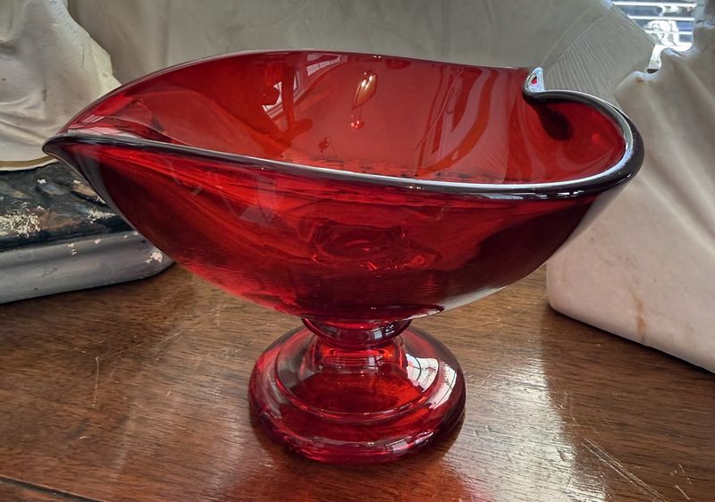 Mid-century Red Glass Heart Shaped Candy Dish Pedestal