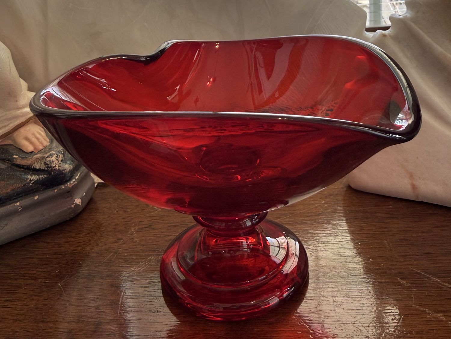 Mid-century Red Glass Heart Shaped Candy Dish Pedestal