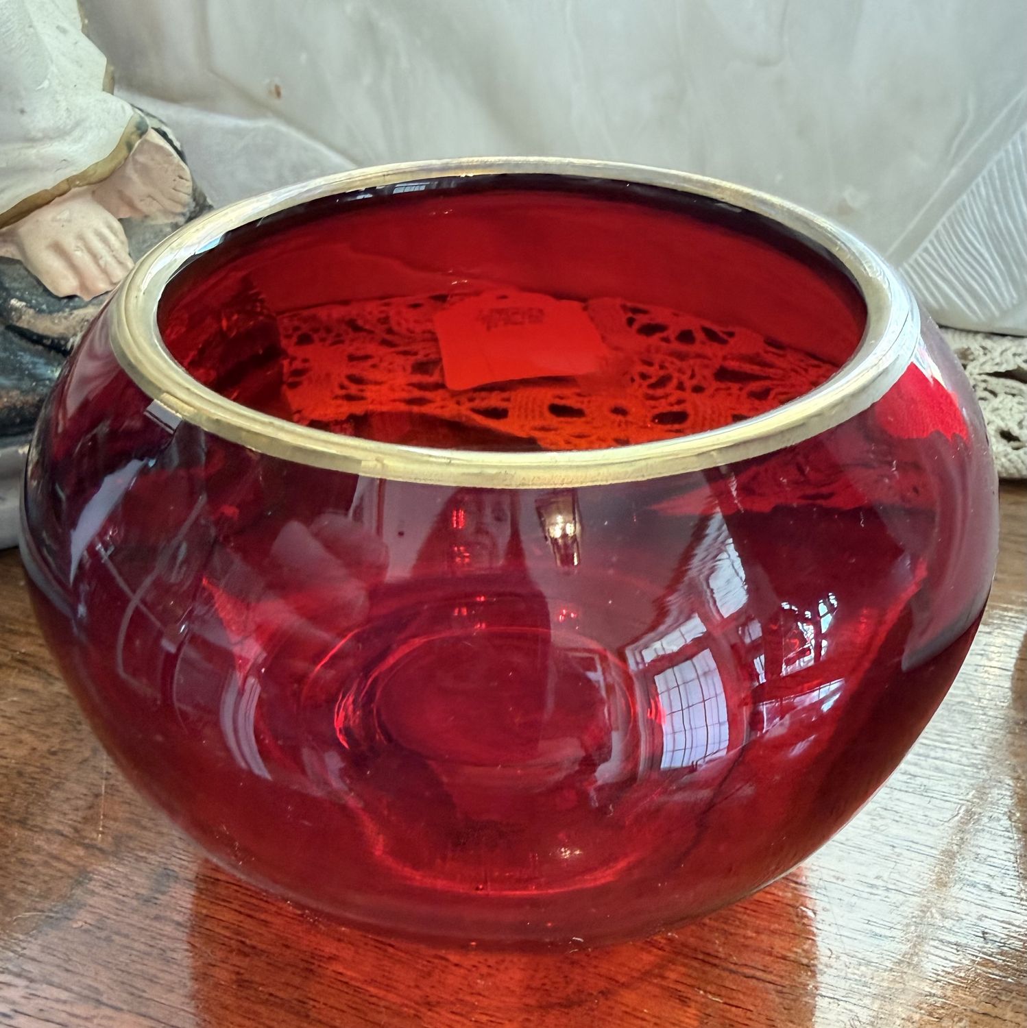 Mid Century Red Glass Bowl Gold Rim