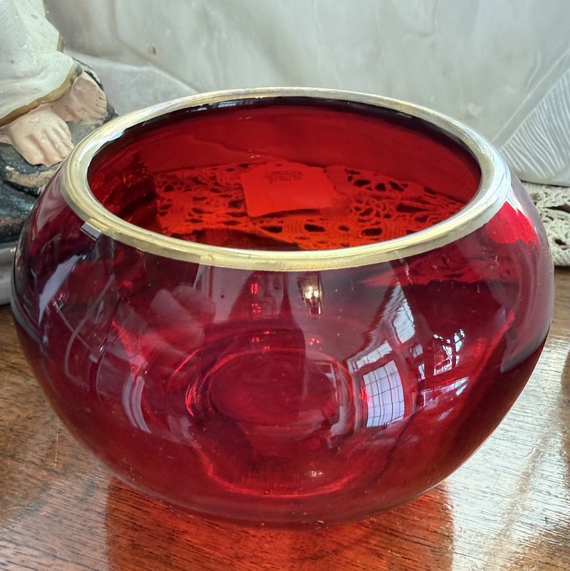 Mid Century Red Glass Bowl Gold Rim