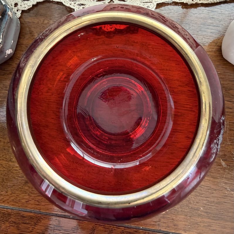 Mid Century Red Glass Bowl Gold Rim