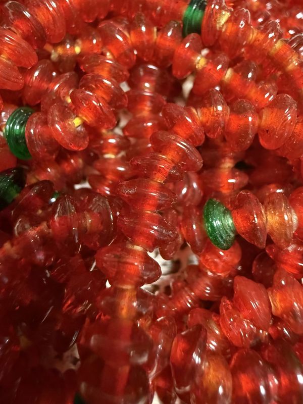 Vintage Carnelian and Emerald Colored 6mm Glass Spacer Disk Bead Necklace.