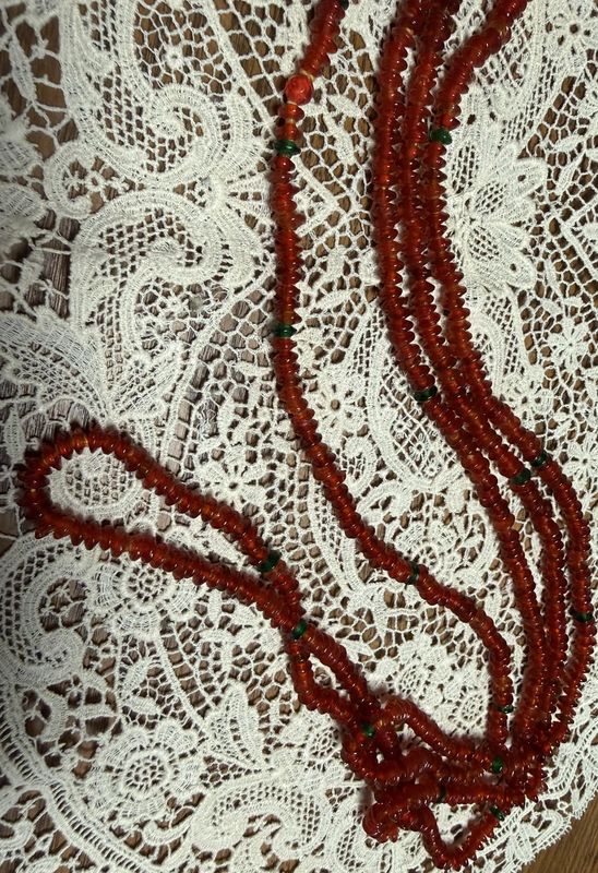 Vintage Carnelian and Emerald Colored 6mm Glass Spacer Disk Bead Necklace.
