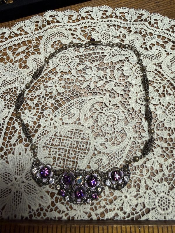 WEST GERMANY Ornate Amethyst Rhinestone &amp; Enameled Necklace Vintage Jewelry
