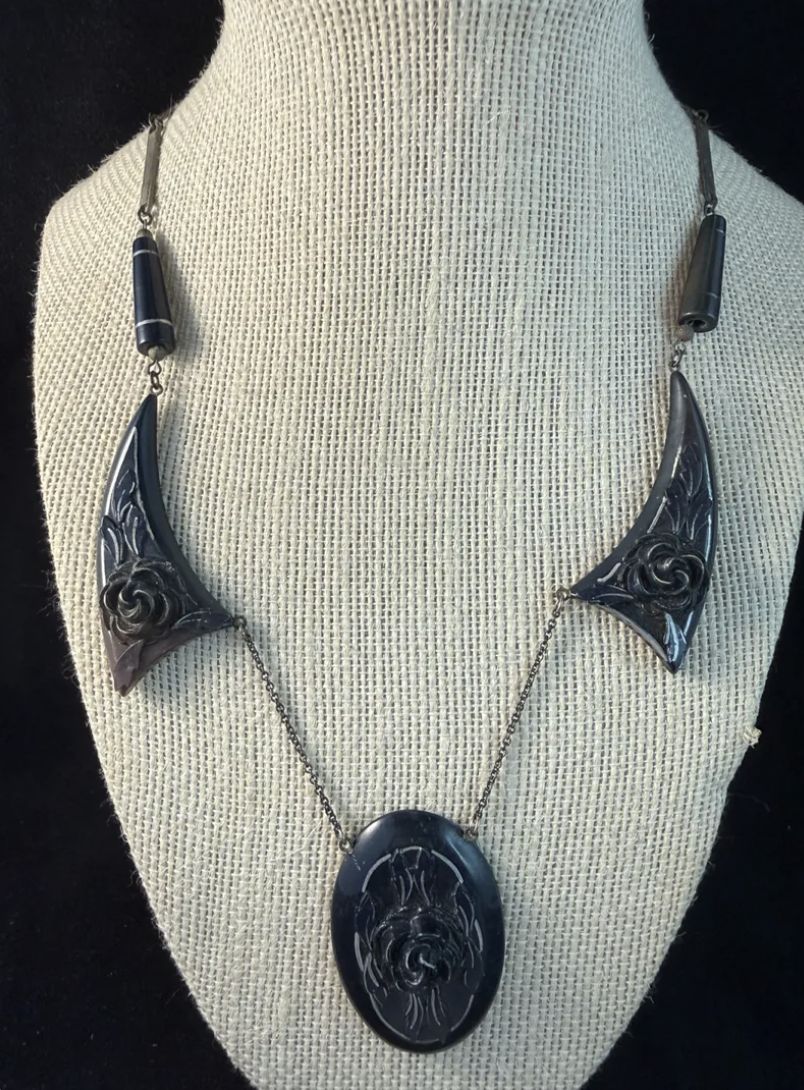 Art Nouveau Era Celluloid Floral Pattern Black Necklace