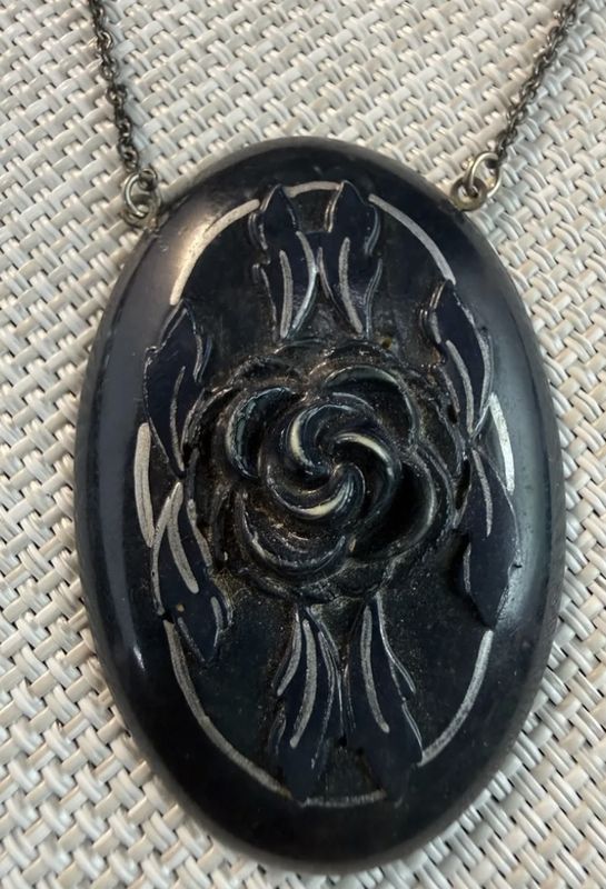 Art Nouveau Era Celluloid Floral Pattern Black Necklace