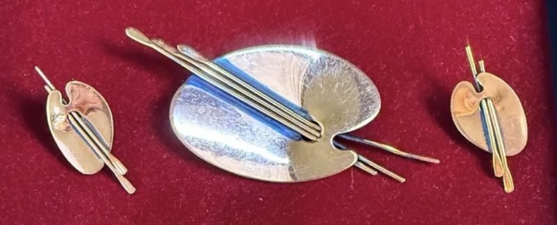Renoir Copper Artist Palette Brooch and Clip Earring Set