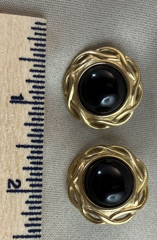 Trifari Gold Tone Black Clip Button Earrings
