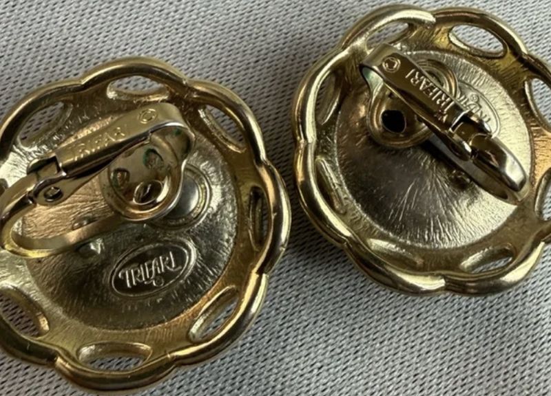 Trifari Gold Tone Black Clip Button Earrings
