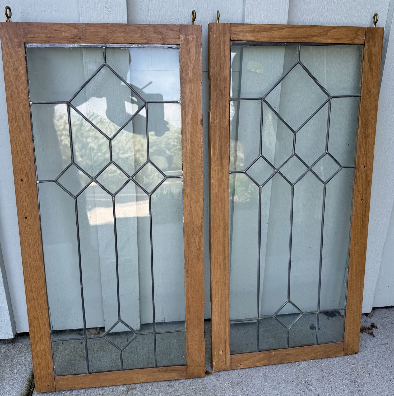 Leaded Glass Window in Wood Frame with Hanging Hooks on Short End