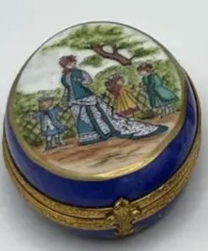 Limoges France Hand Painted Porcelain Trinket  Oval w/Victorian Street. Scene