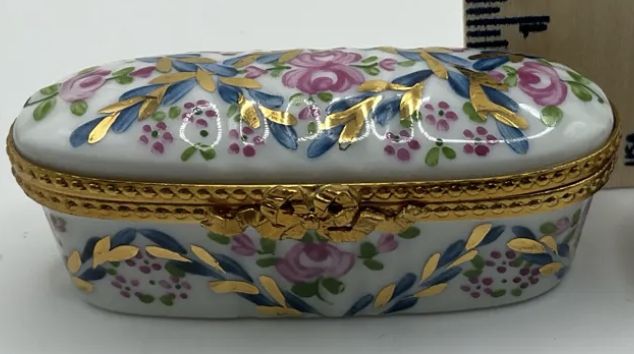 Limoges France Hand Painted Porcelain Trinket Floral Oblong Needle Box