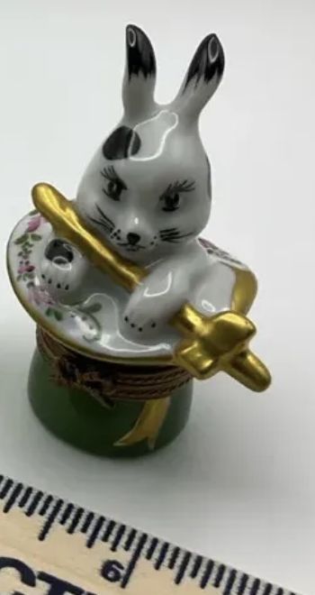 Limoges France Hand Painted Porcelain Trinket Rabbit Magician w/ Gold Egg