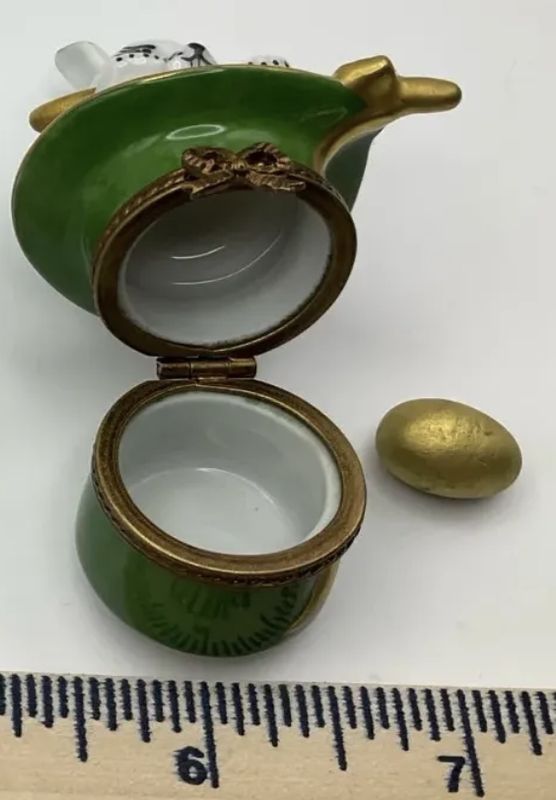 Limoges France Hand Painted Porcelain Trinket Rabbit Magician w/ Gold Egg