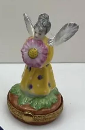 Limoges France Hand Painted Porcelain Trinket Fairy w/ Flower