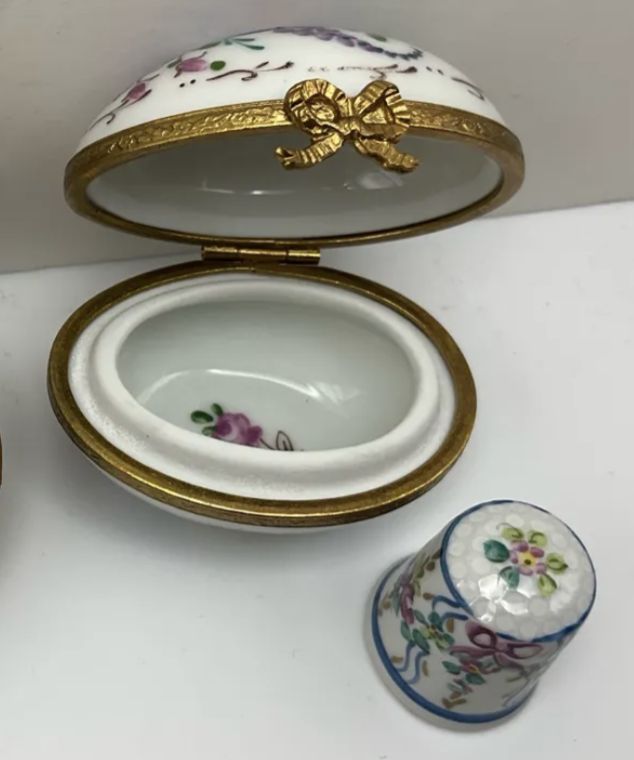 Limoges France Hand Painted Porcelain Trinket Floral Egg w/Matching Thimble