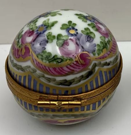 Limoges France Hand Painted Porcelain Trinket Floral Sphere
