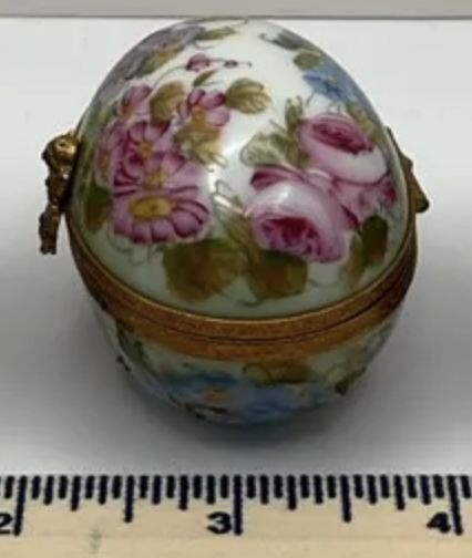Limoges France Hand Painted Porcelain Trinket Egg Floral W/Rabbit