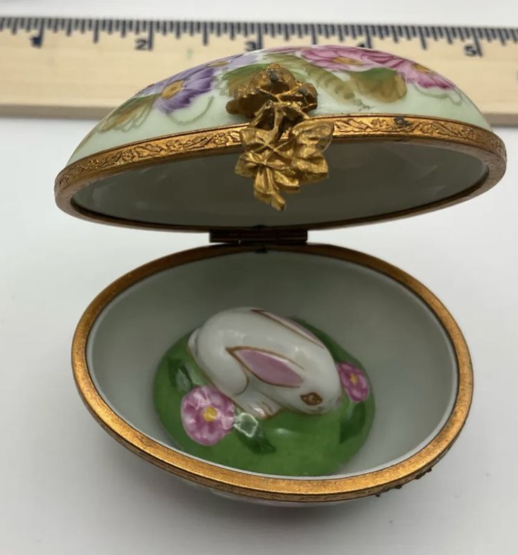 Limoges France Hand Painted Porcelain Trinket Egg Floral W/Rabbit