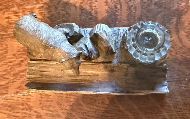 Antique Hand Carved  Wooden Bear Ink Well and Pen Rest