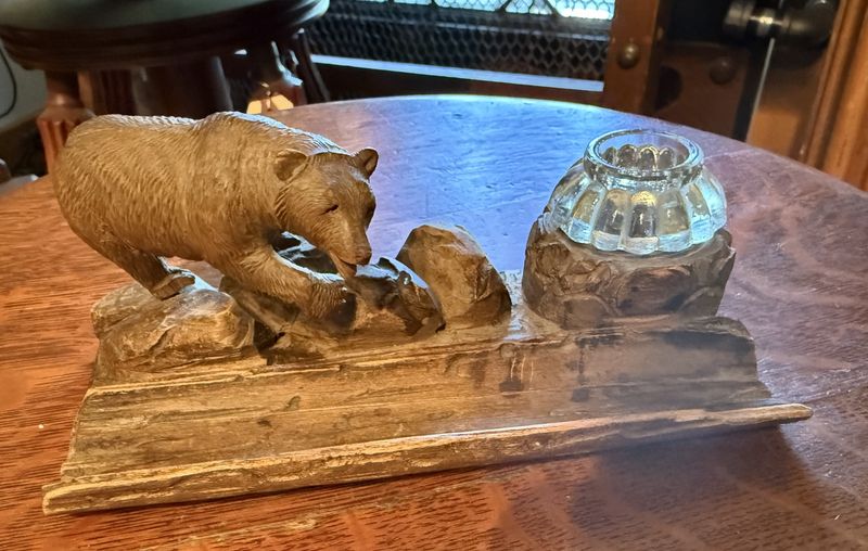 Antique Hand Carved  Wooden Bear Ink Well and Pen Rest