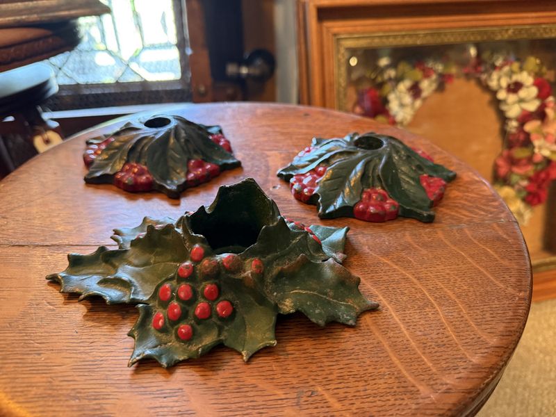 3 Piece Cast Iron Poinsettia Christmas Candle Holders