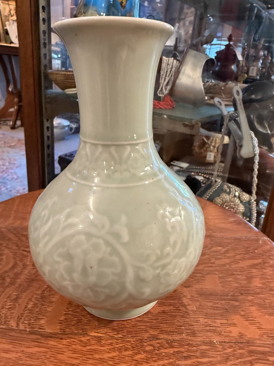 Antique Celadon Porcelain Vase Chinoiserie 8"