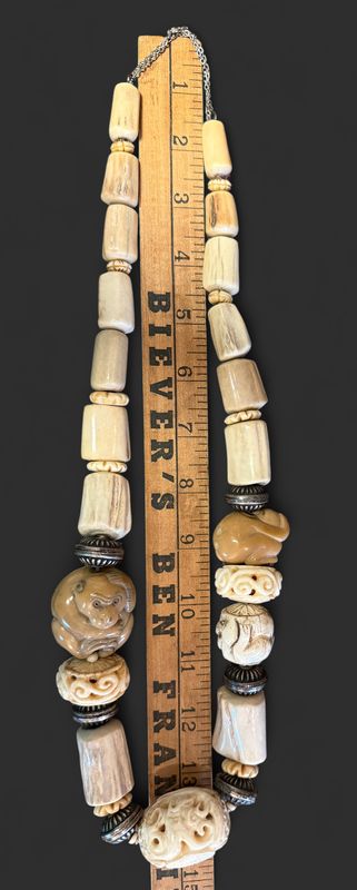 Vintage Artisan Carved Bone Beads Chinese Influence Chunky Monkey Necklace