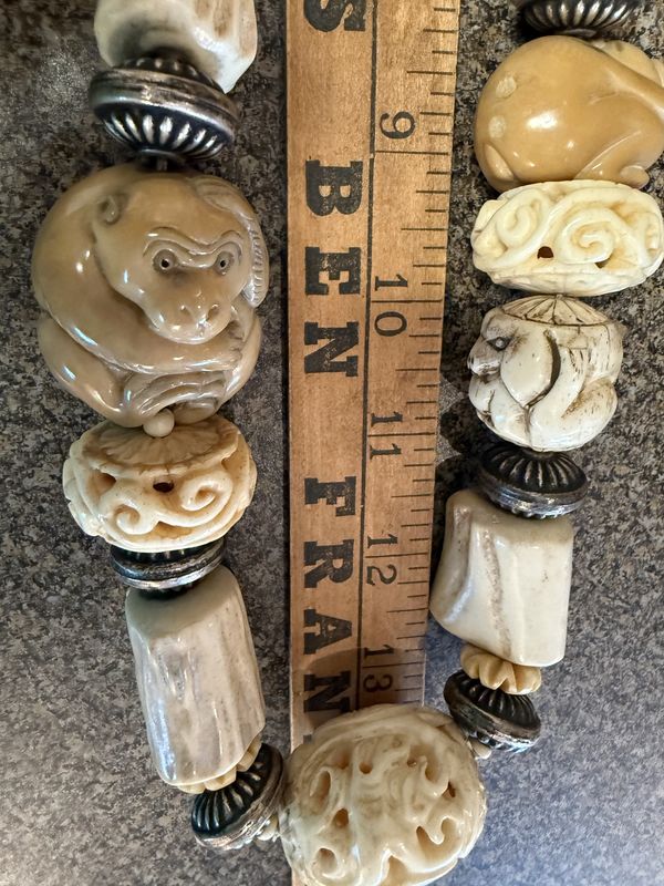 Vintage Artisan Carved Bone Beads Chinese Influence Chunky Monkey Necklace