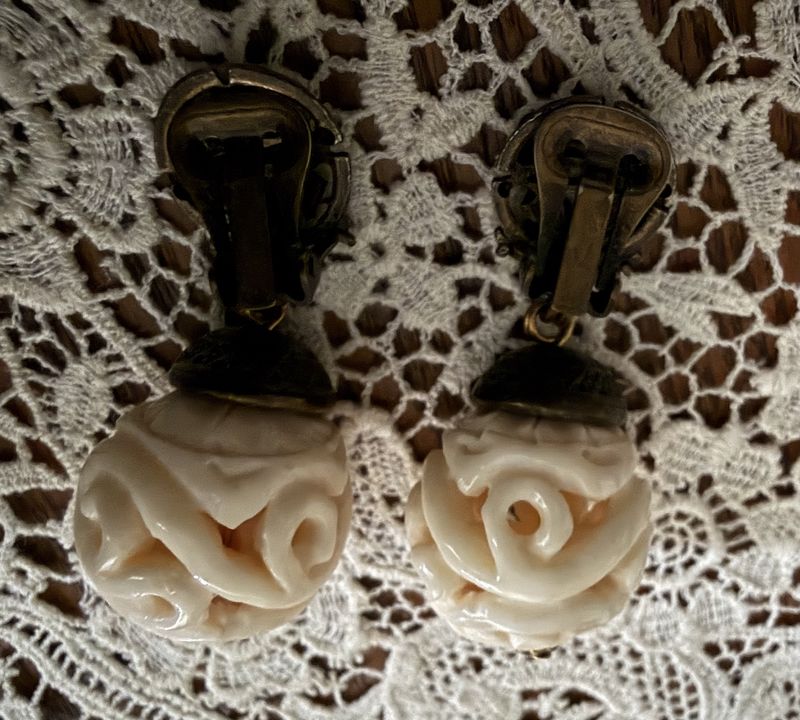 Carved Antique Chinese Influence Clip Earrings 1" diameter