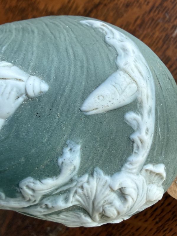 Antique Jasperware Trinket Box Bisque  Neoclassical Sea Cupid Fish Water Lilies