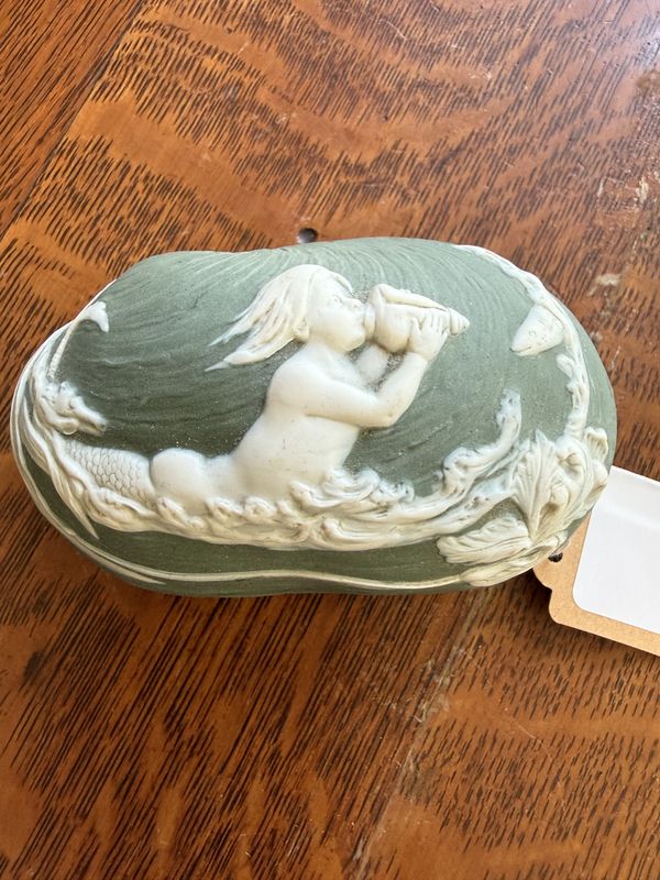Antique Jasperware Trinket Box Bisque  Neoclassical Sea Cupid Fish Water Lilies