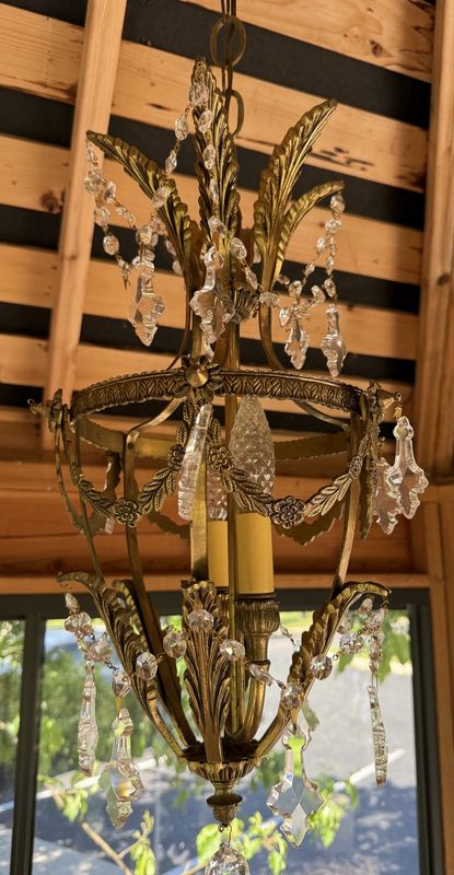 Hanging Brass and Crystal Chandelier-Hollywood Regency Style