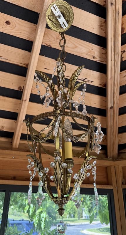 Hanging Brass and Crystal Chandelier-Hollywood Regency Style