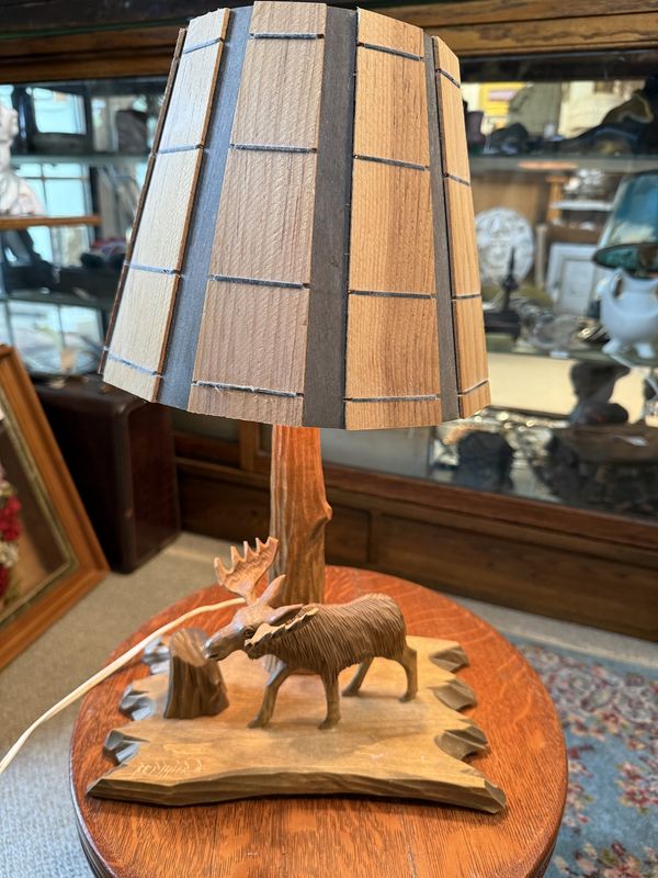 Carved Wood Artist Signed Moose and Tree Table Lamp