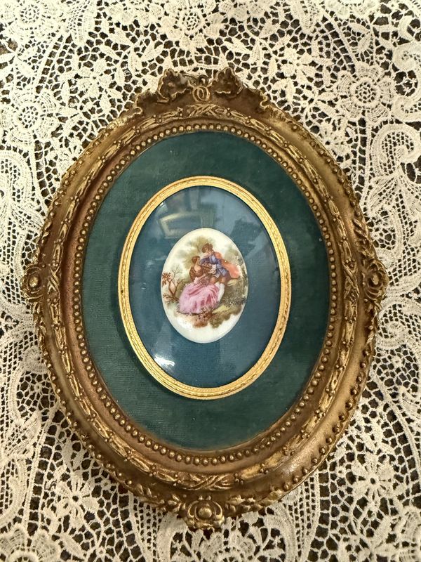 Vintage Regency Transferware on Porcelain Framed in Velvet and Wood