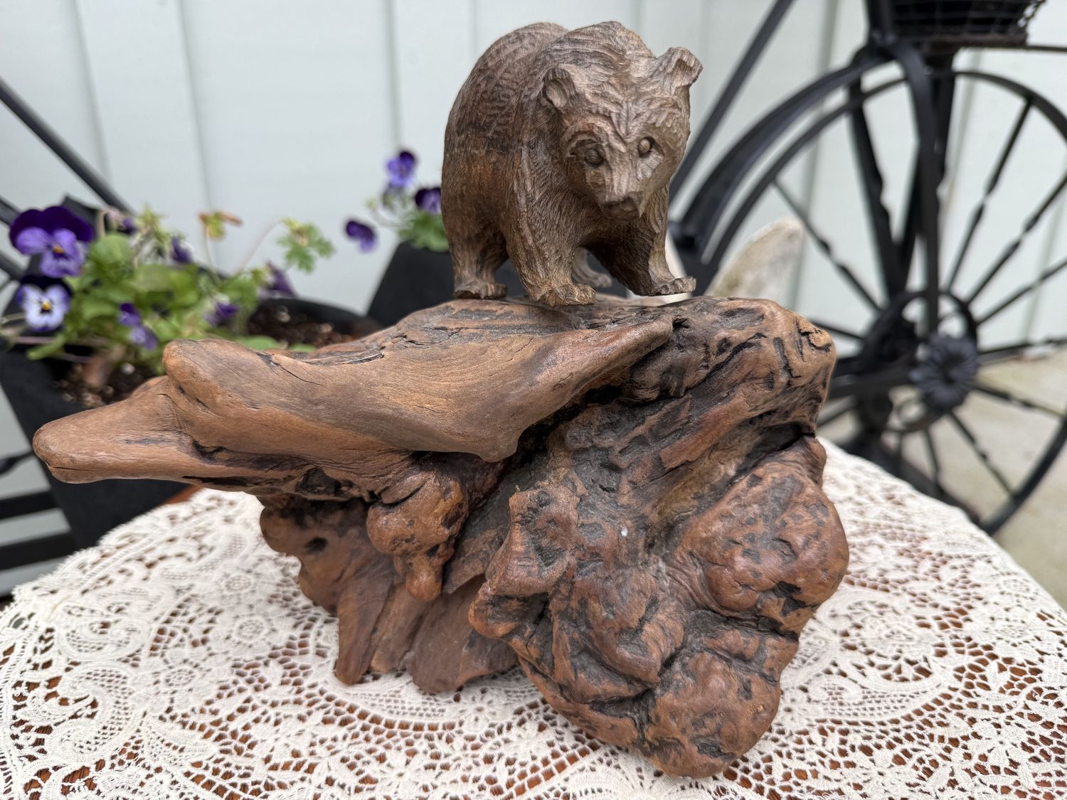 Carved Primitive Bear on Burled Root Wood Rock